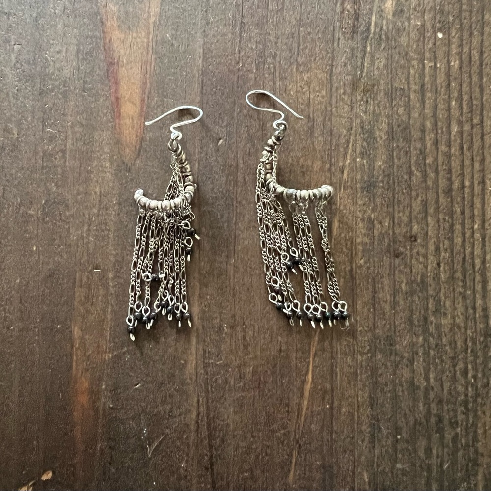 Black bead and chain dangle earrings